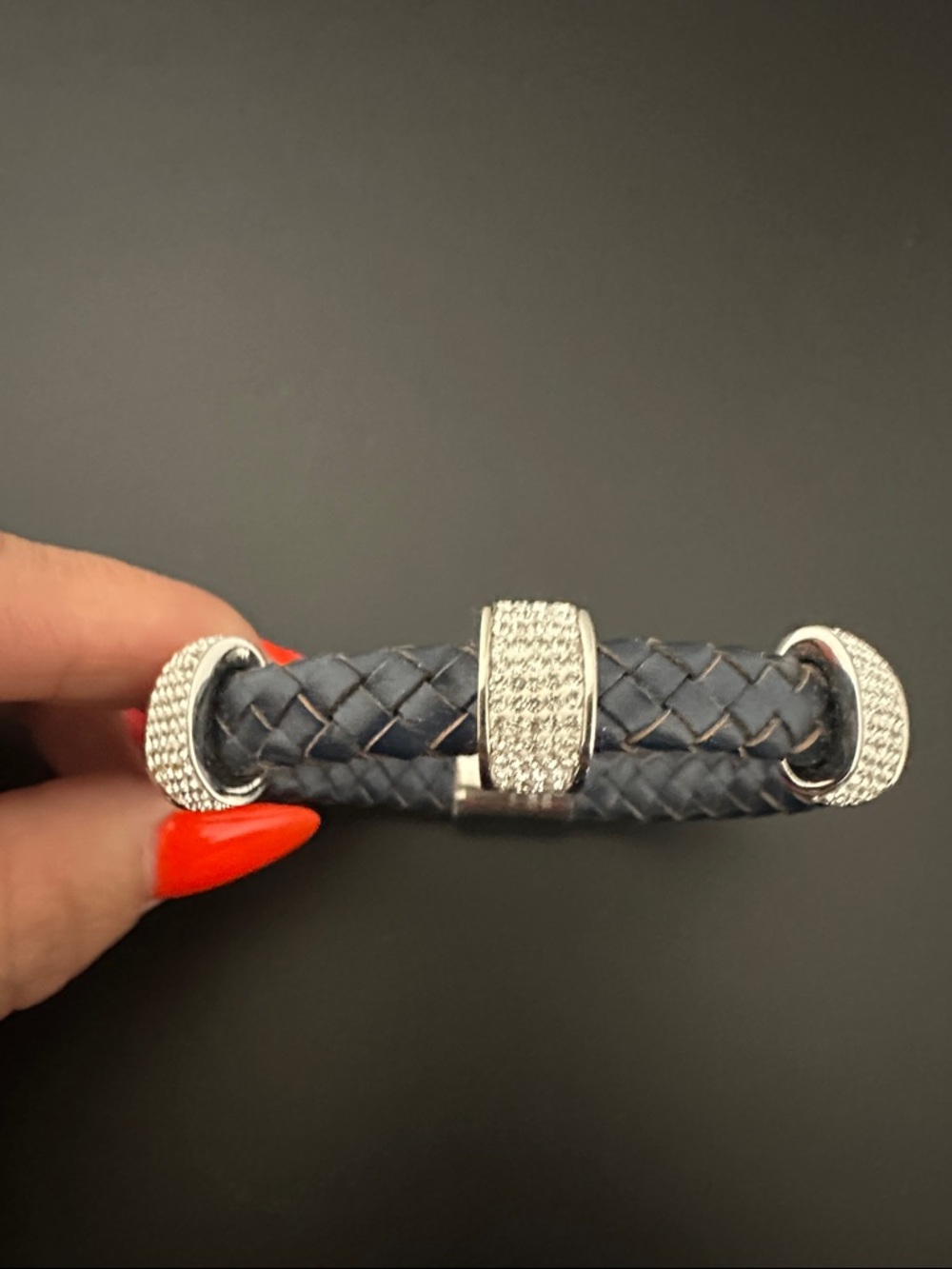 Braided Navy Leather Bracelet with Pave Silver Accents